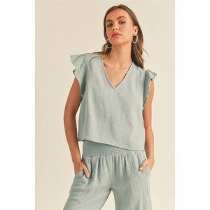 Women's Light Blue Ruffle Sleeve Top